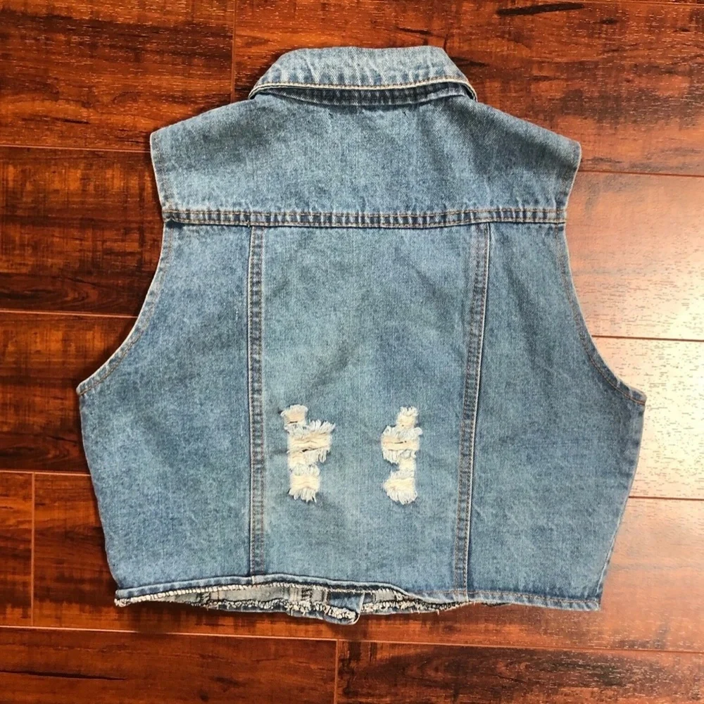 Light Blue Destroyed Cropped Jean Vest Top